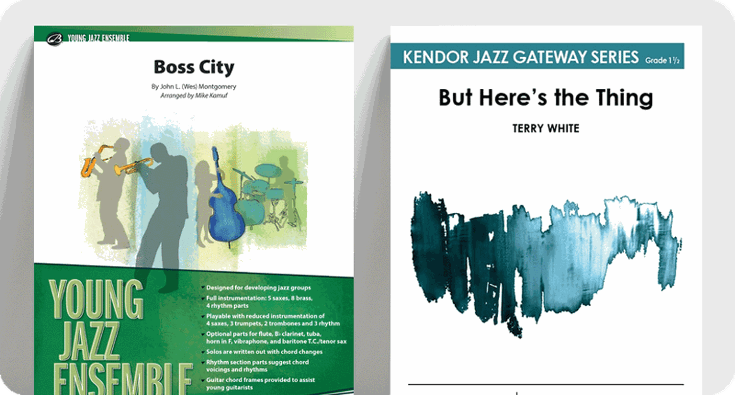 Sheet music covers for new swing and blues charts for jazz ensemble.