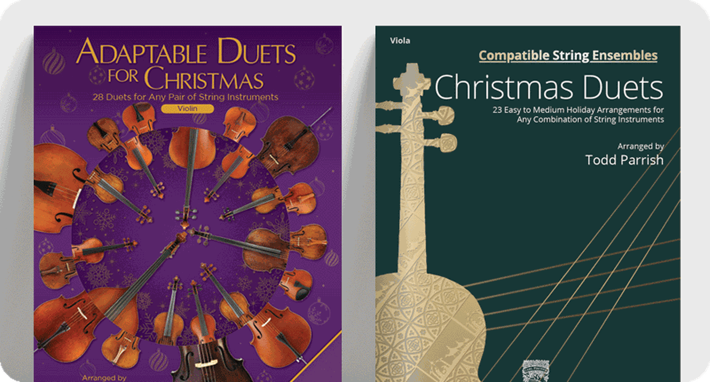 Christmas string sheet music covers Adapatable Duets for Christmas and Christmas Duets.
