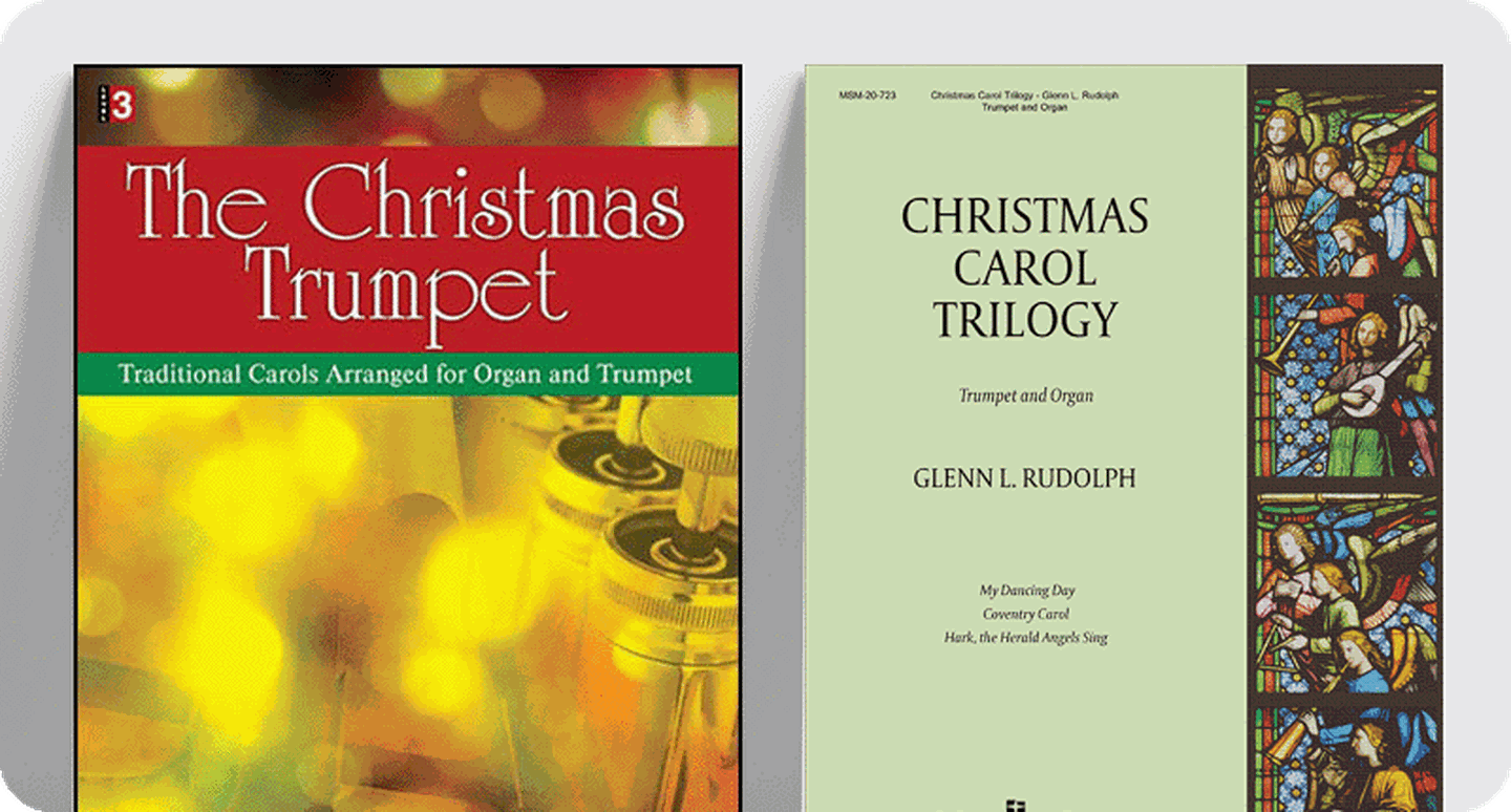 Brass Christmas with organ sheet music titles The Christmas Trumpet and Christmas Carol Trilogy.