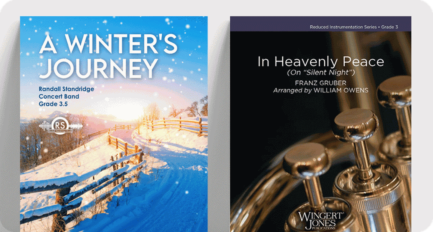 Concert band sheet music covers for new pop music selections.