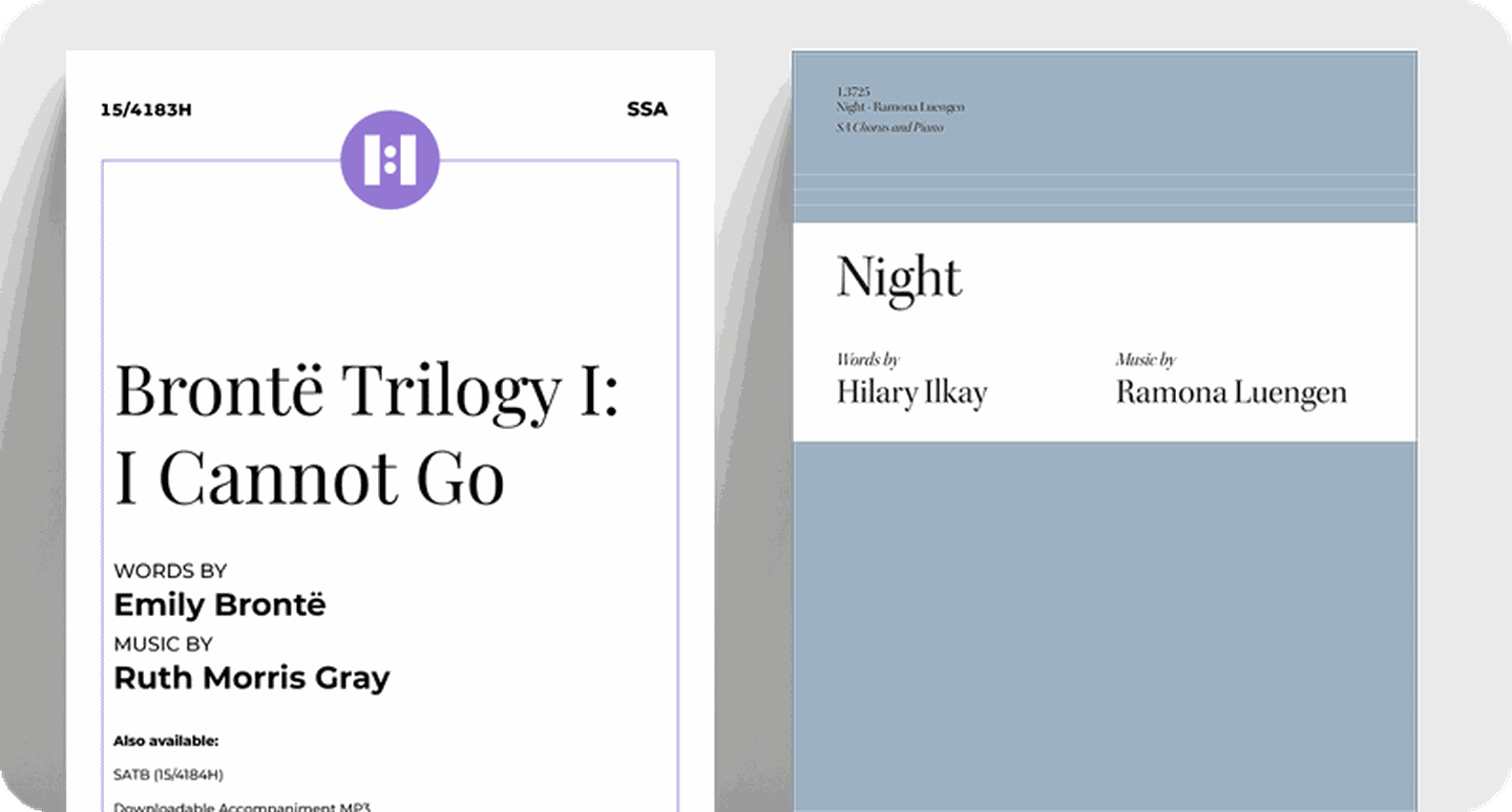 Sheet music covers of treble works for children's community choirs I Cannot Go and Night.