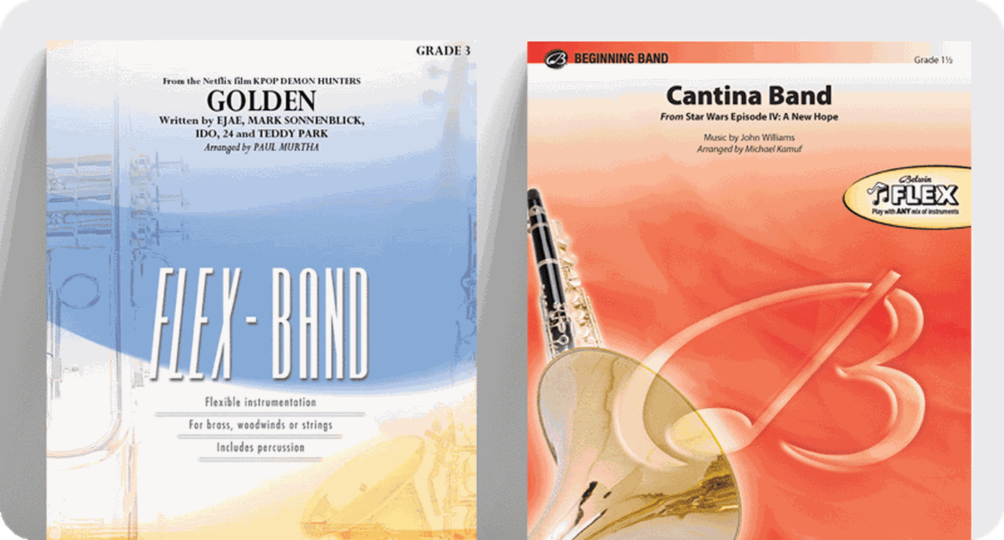 New concert band sheet music titles Golden and Cantina Band.