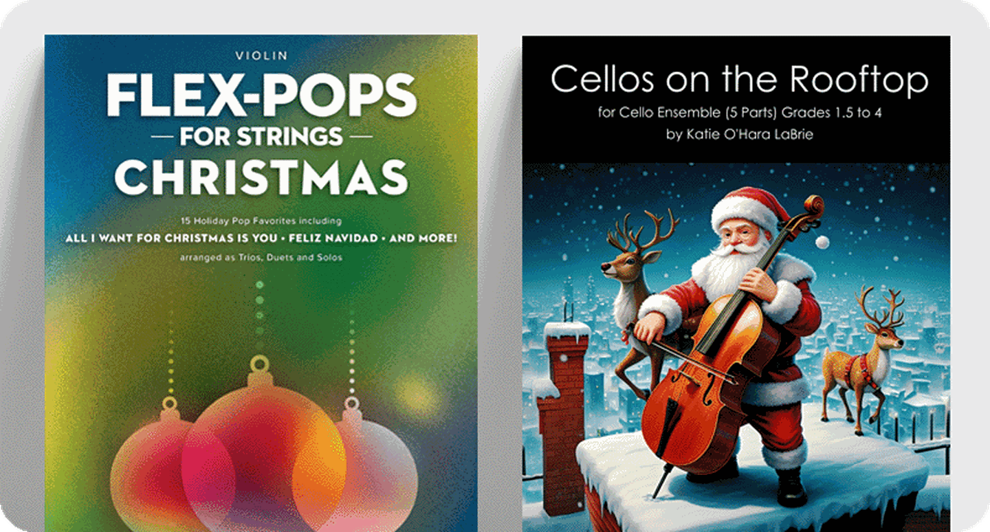 String Christmas sheet music covers Flex-Pops For Strings Christmas and Cellos on the Rooftop.