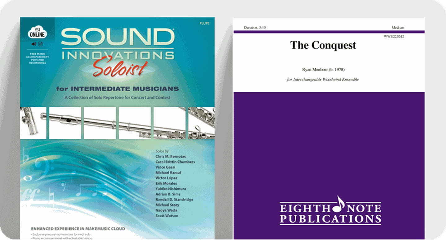 Woodwind sheet music covers Sound Innovations Soloist and The Conquest.