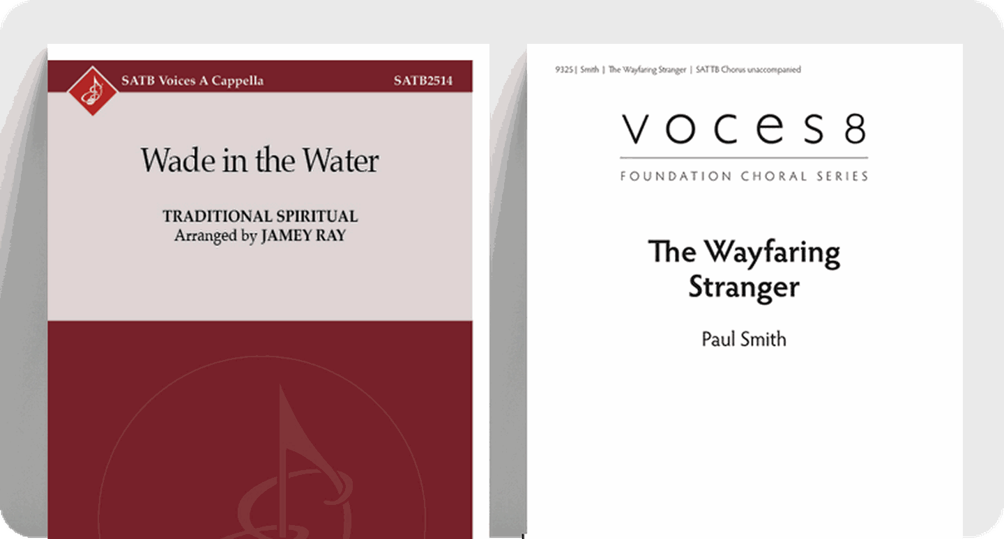 Sheet music covers for advanced choir spirituals Wade in the Water and The Wayfaring Stranger.