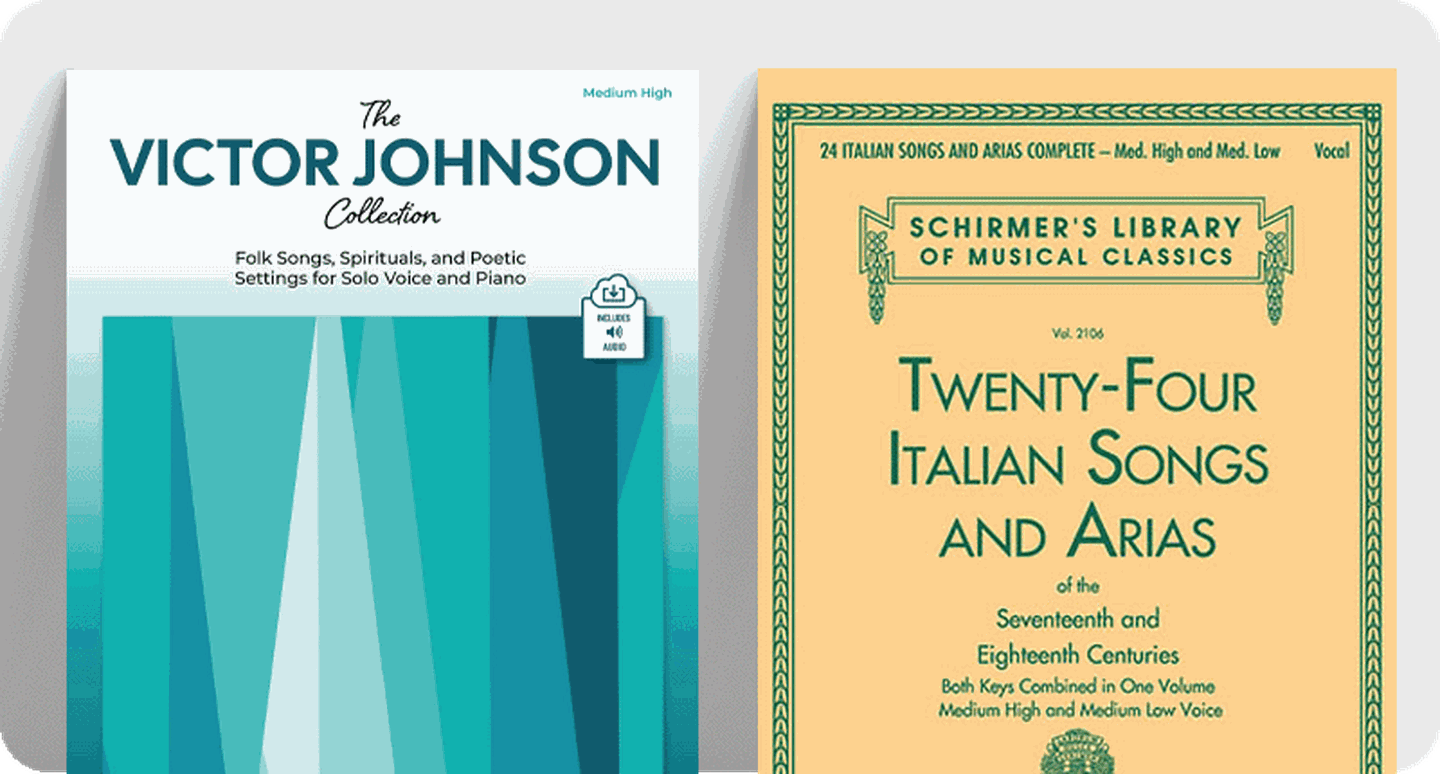 Standard vocal repertoire sheet music covers Rise, Shine! and The Victor Johnson Collection