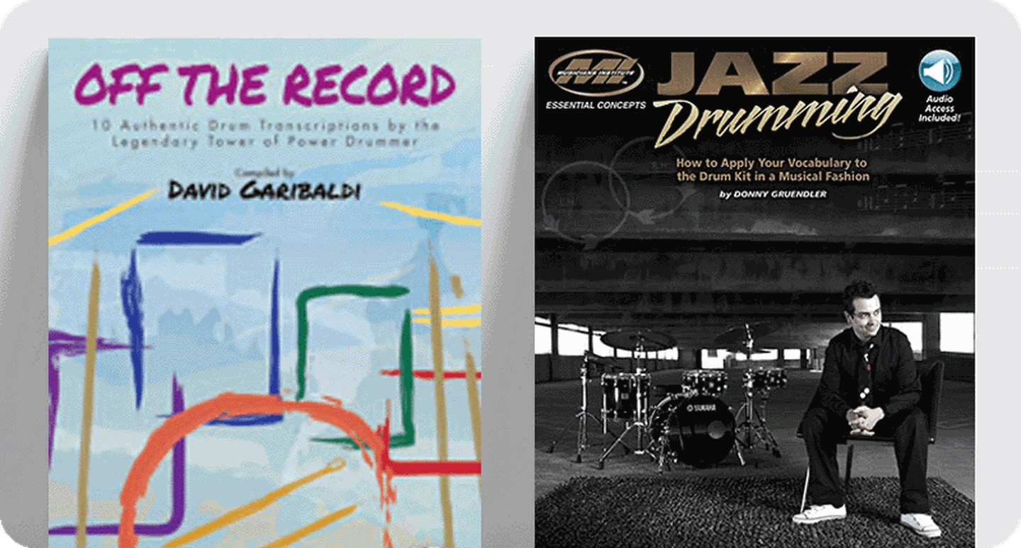 Drum set sheet music covers Off the Record and Jazz Drumming.