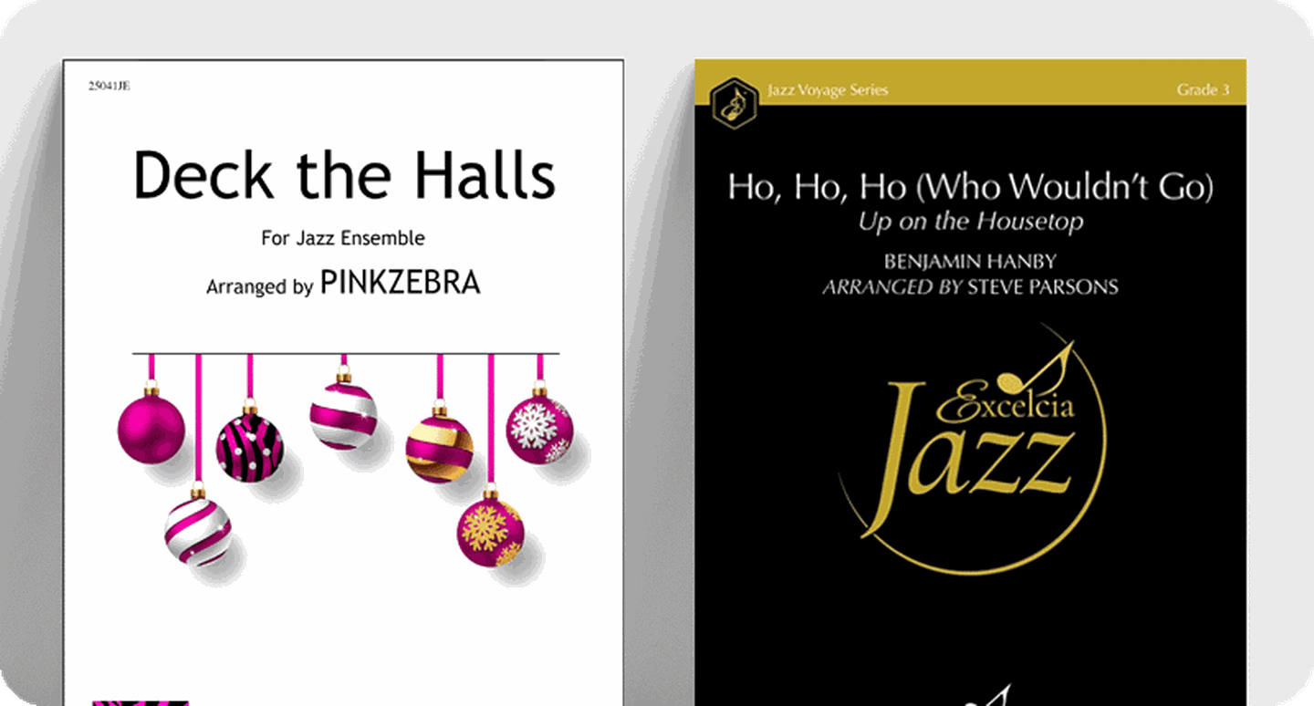 Sheet music covers for new jazz Christmas and holiday titles.