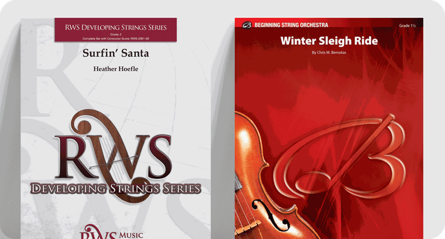Editors' Choice Christmas string orchestra sheet music covers Surfin' Santa and Winter Sleigh Ride.