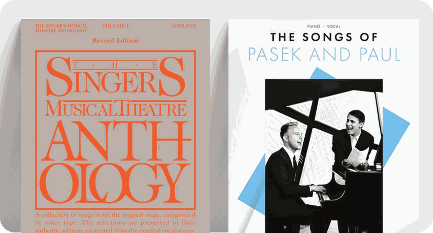Covers for vocal anthology collections The Singers Musical Theatre Anthology and The Songs of Pasek and Paul.