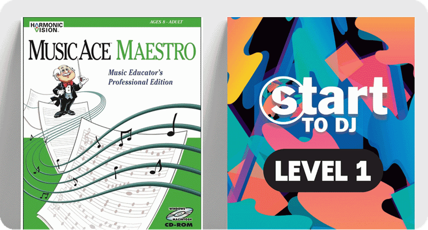 Music Ace Maestro and Start to DJ music software boxes.