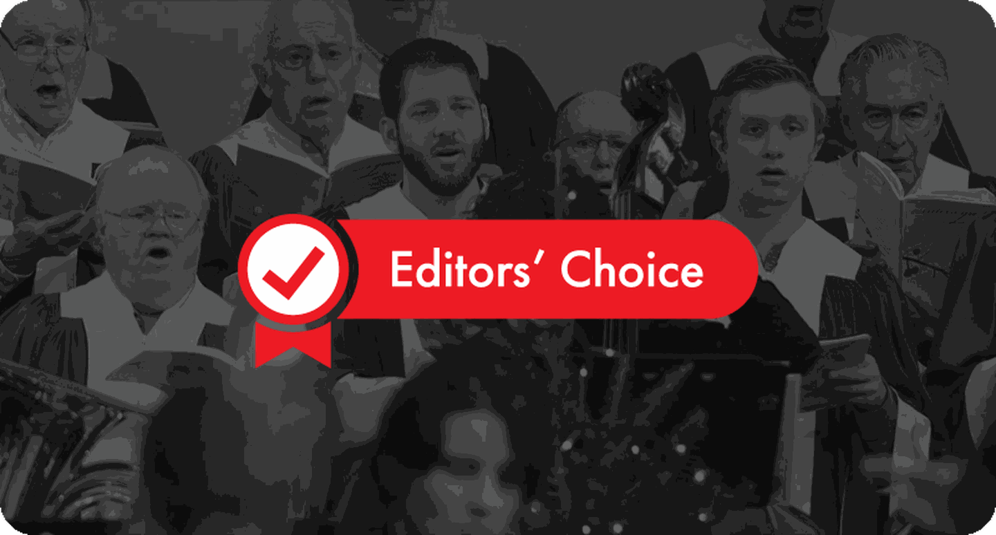 red editors' choice logo over church singers