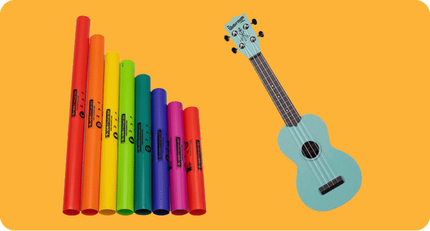 Images of boom whackers and a ukulele.