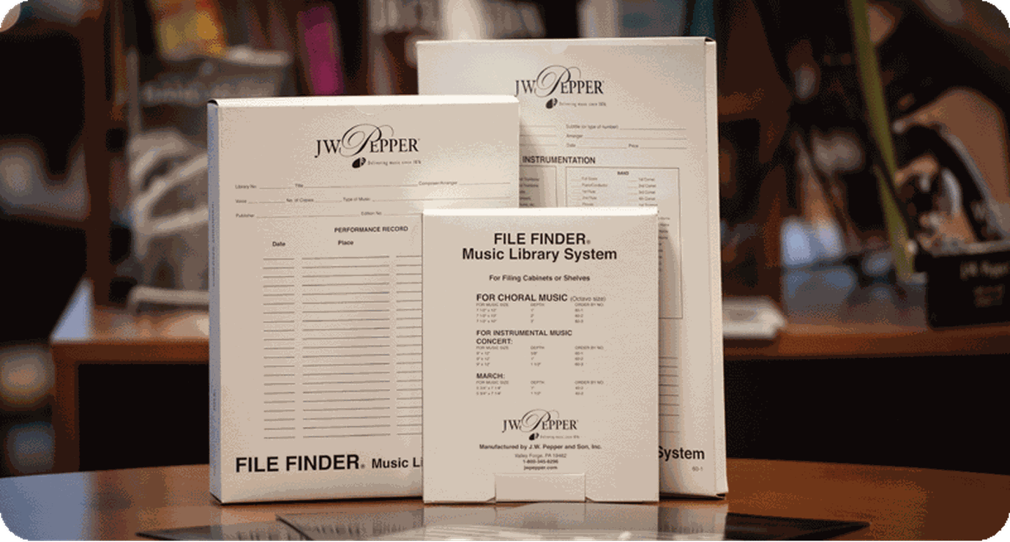 White sheet music filing boxes.