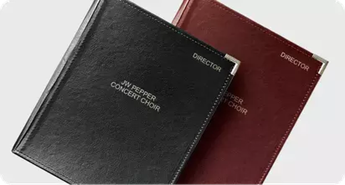 Black and red sheet music folders with imprinting.