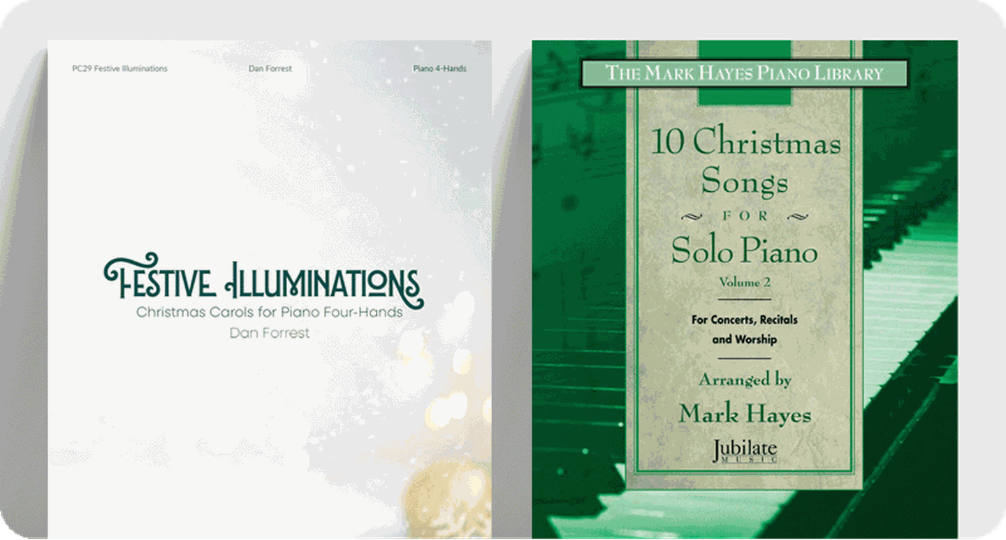 Christmas piano sheet music covers Festive Illuminations and 10 Christmas Songs for Solo Piano.