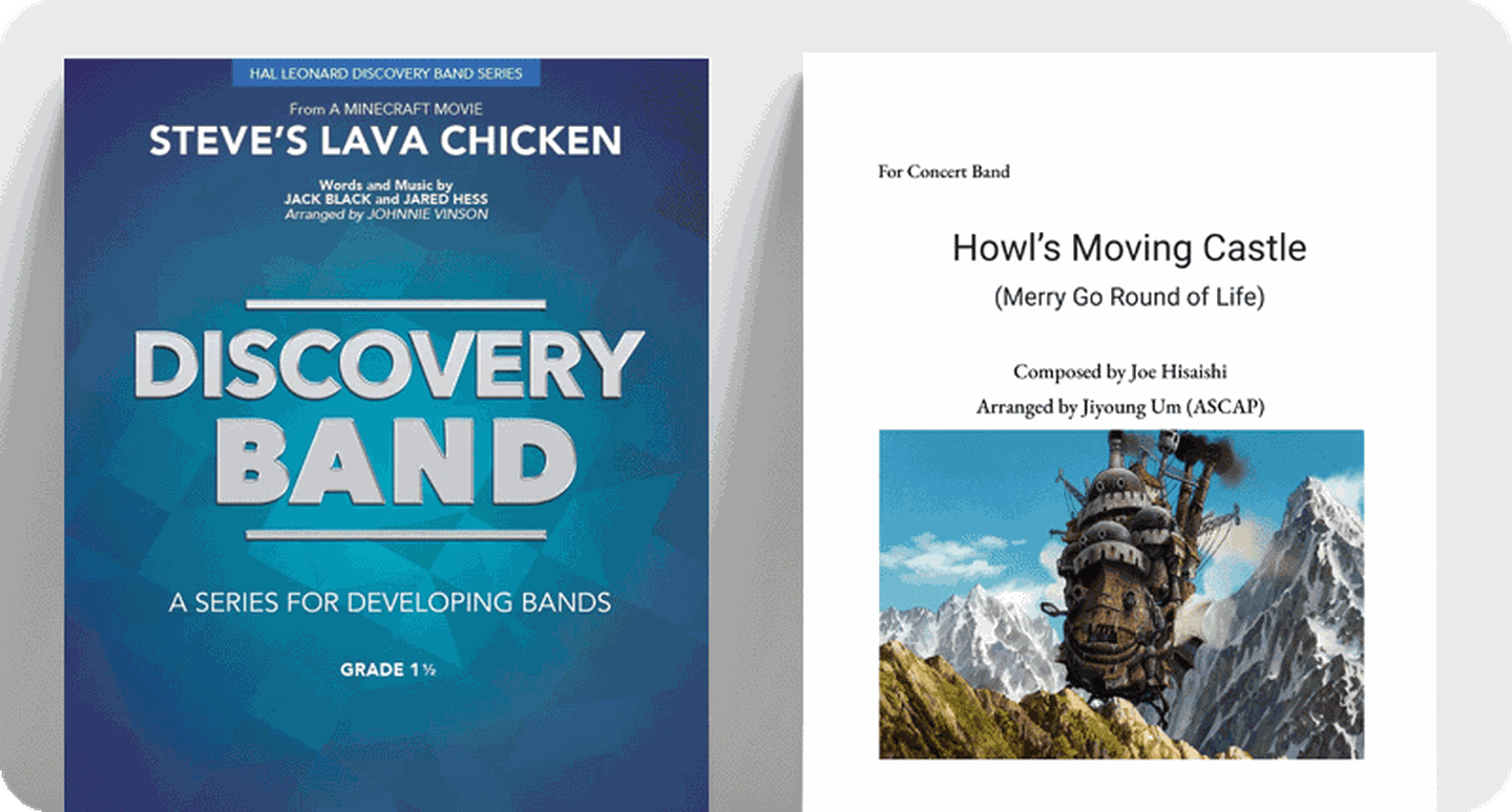 Concert band sheet music covers for pop music titles.
