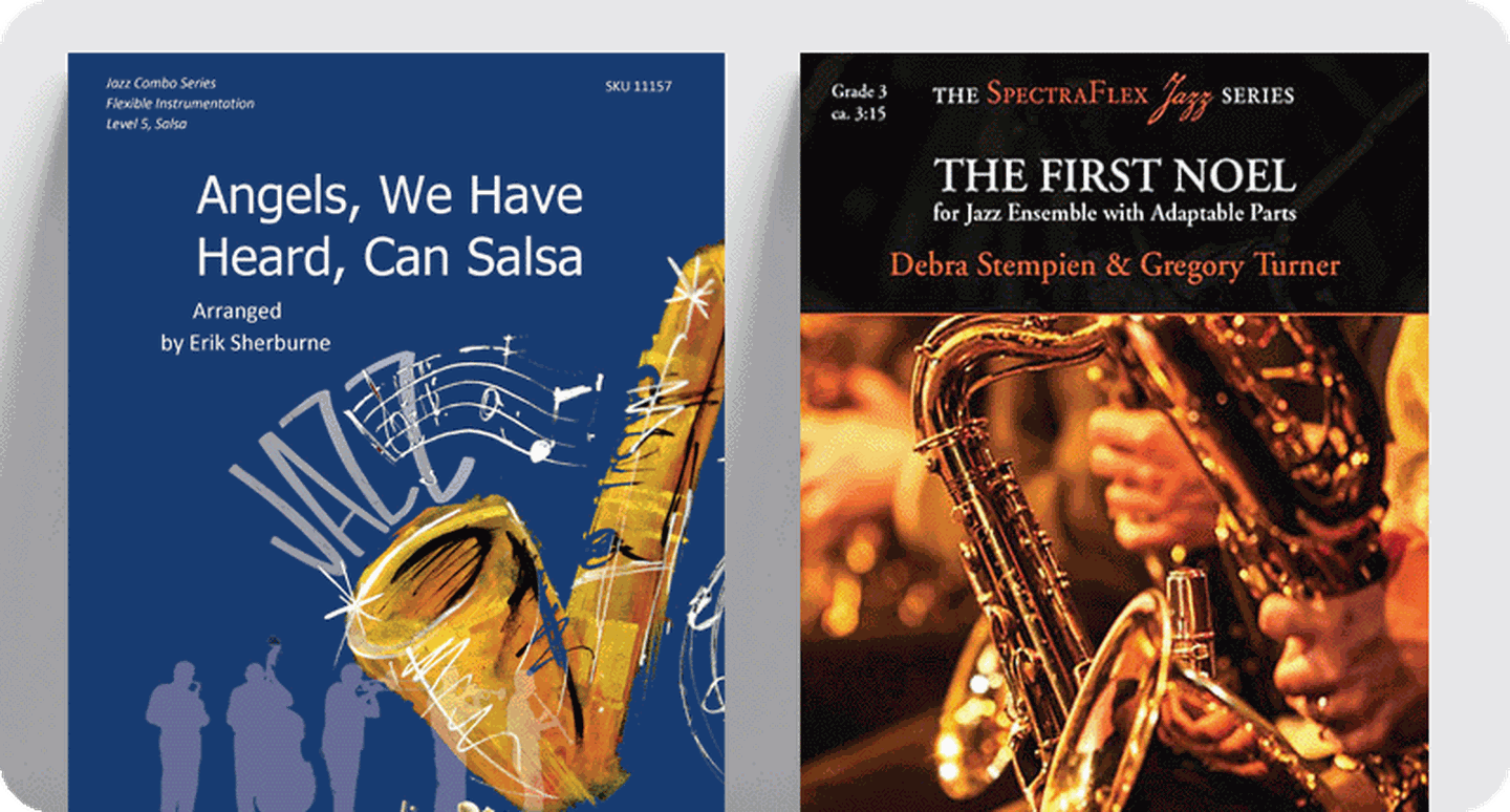 Christmas jazz combo sheet music covers Angels, We Have Heard, Can Salsa and The First Noel.