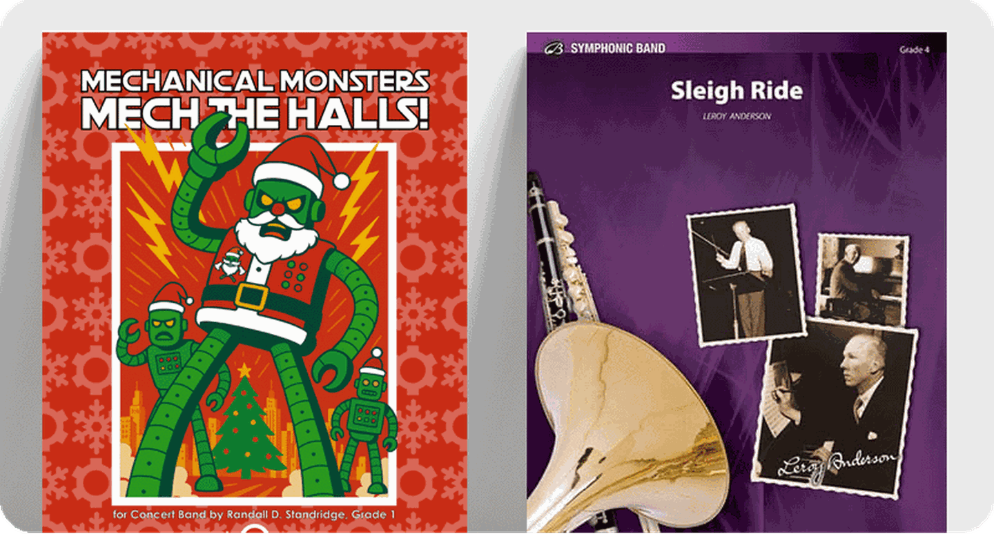 Concert band Christmas titles Mechanical Monsters Mech The Halls and Sleigh Ride.
