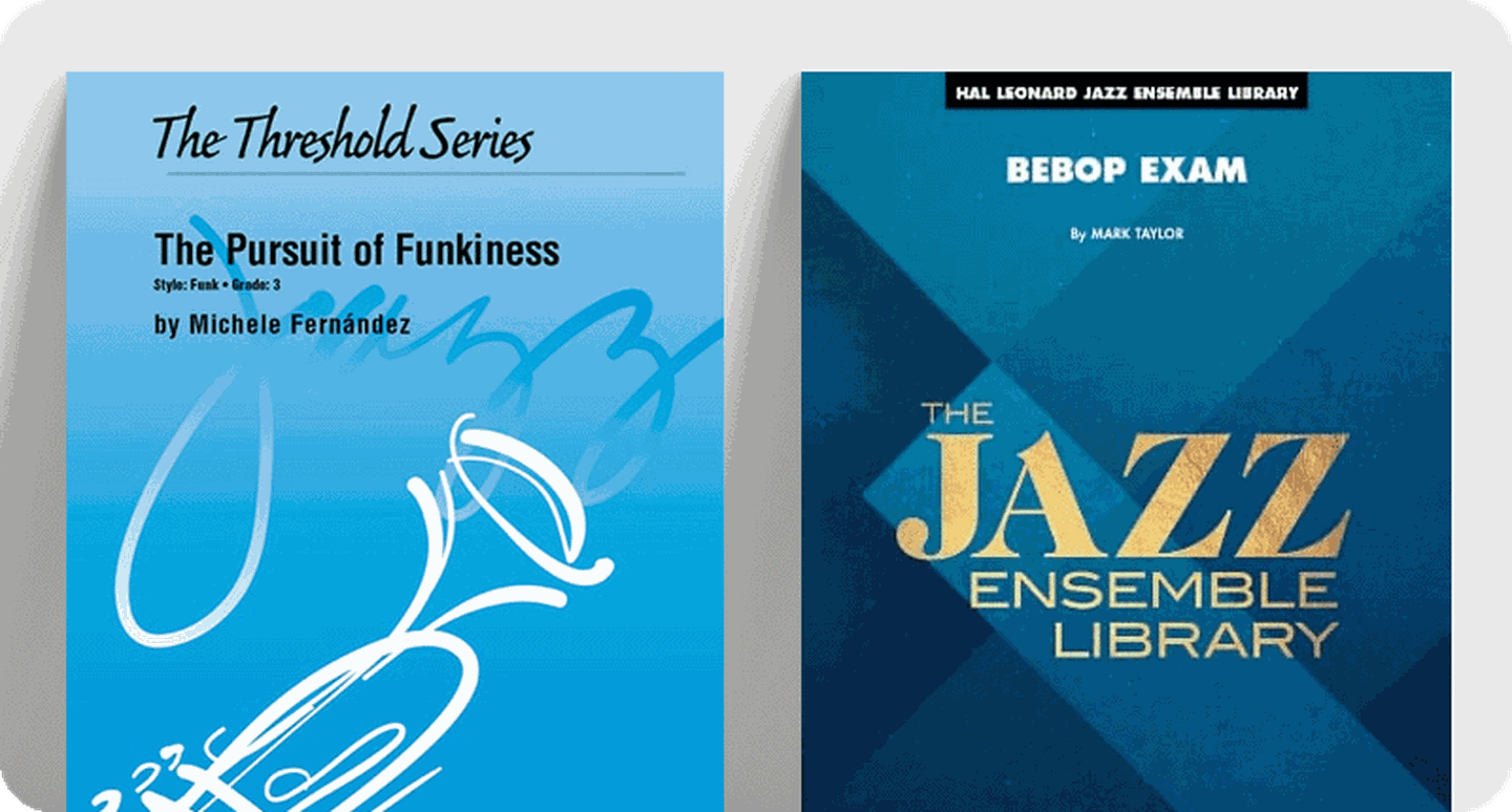 Sheet music covers for new jazz, rock, and funk titles for jazz band.