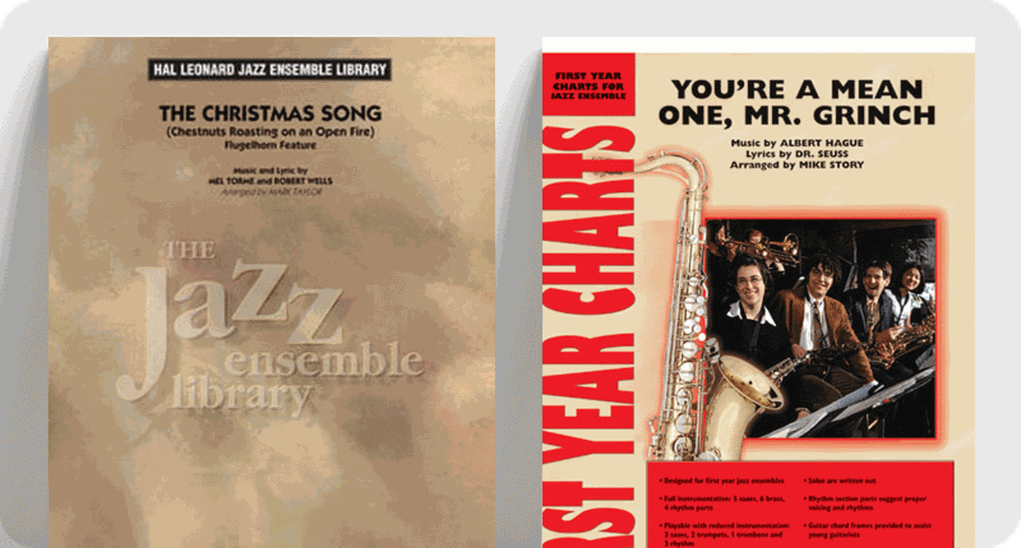 Basic Library Christmas jazz band sheet music covers The Christmas Song and You're a Mean One, Mr. Grinch.