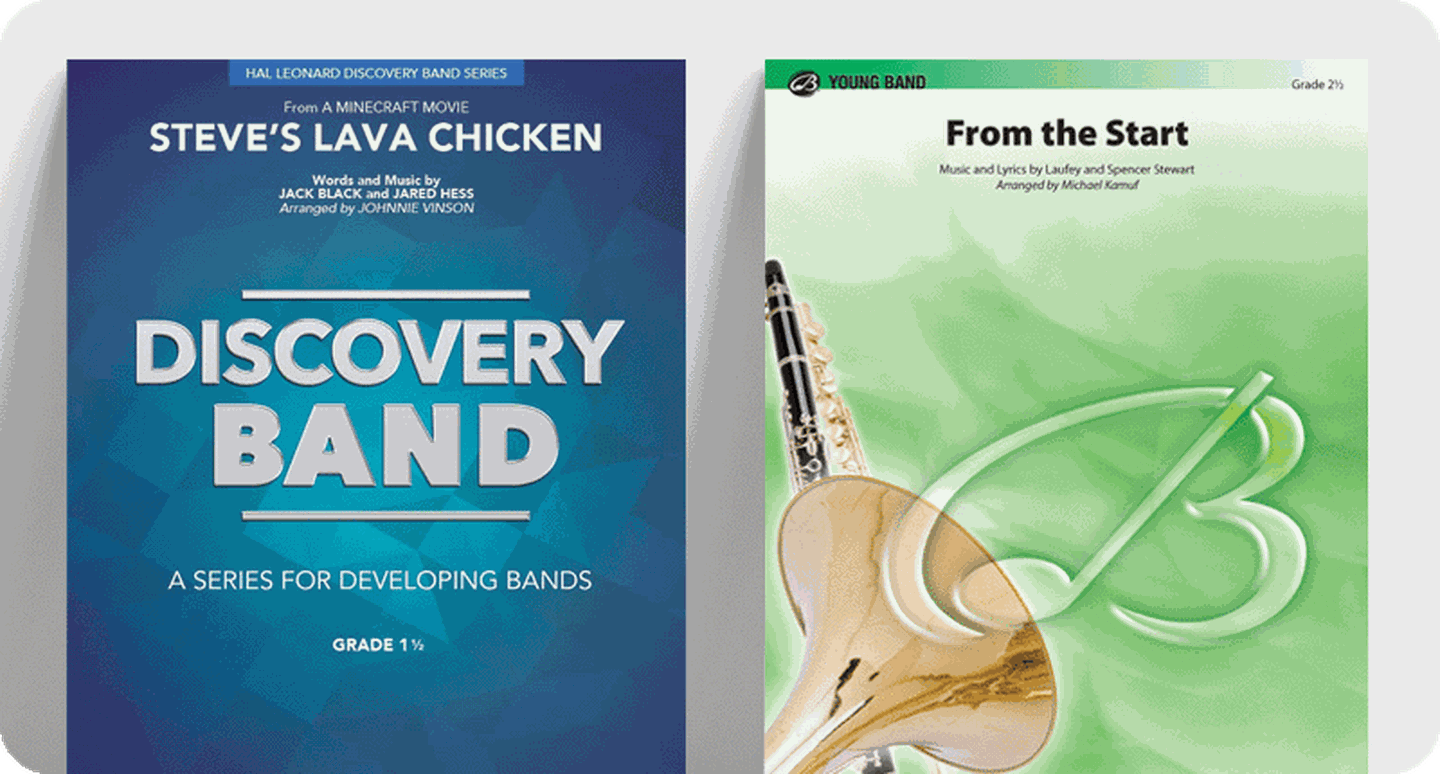 Concert band sheet music covers for new pop music selections.