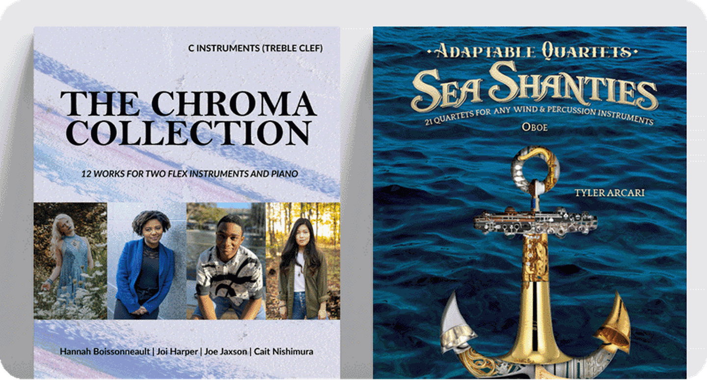 Flex-instrumentation woodwind ensemble sheet music covers for The Chroma Collection and Adaptable Quartets: Sea Shanties.