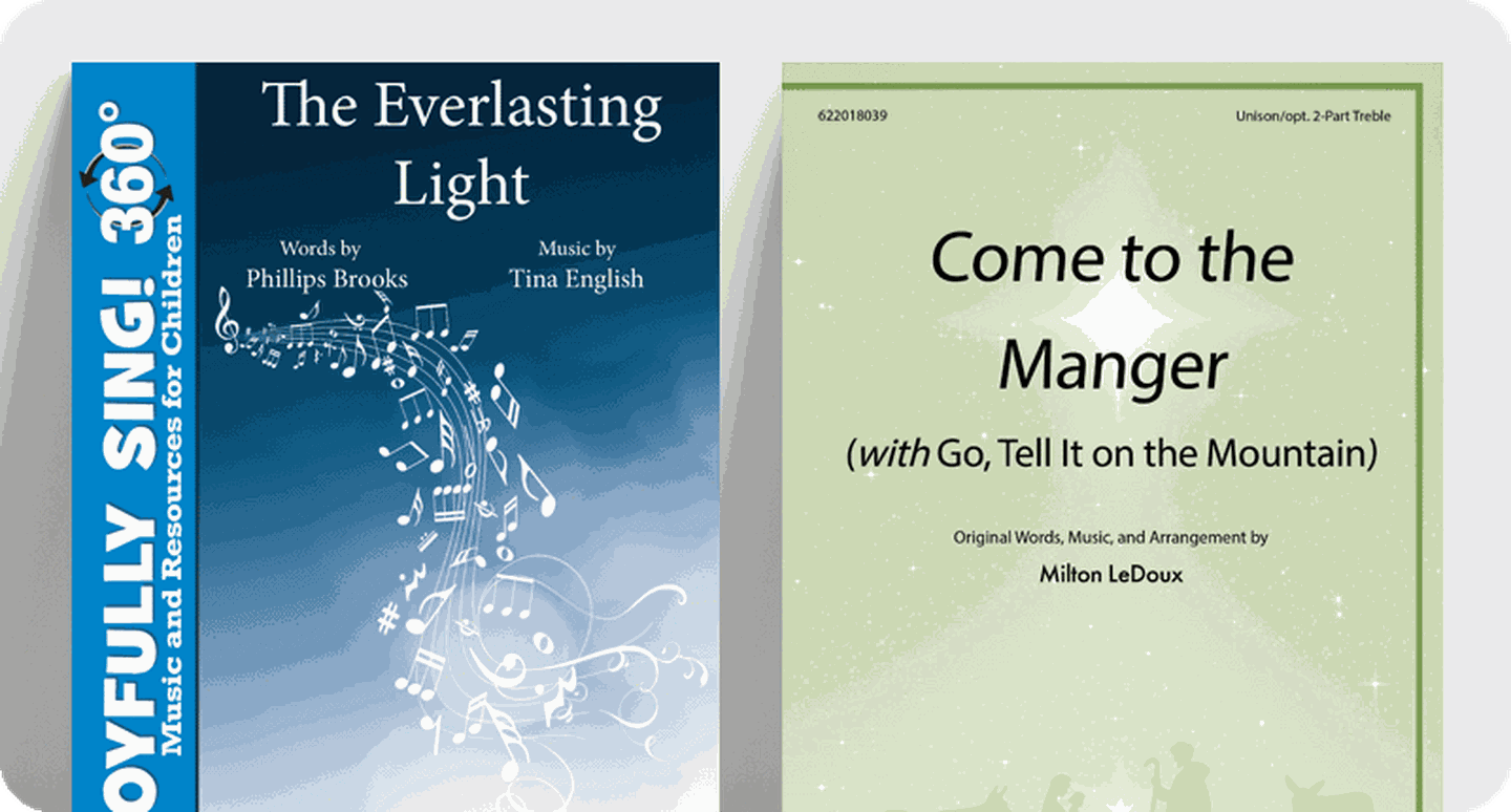 Church children's Christmas choir sheet music covers for The Everlasting Light and Come to the Manger.