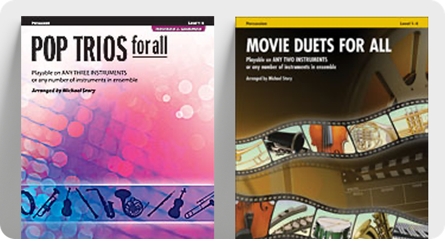 Pop percussion sheet music covers Pop Trios For All and Movie Duets For All.