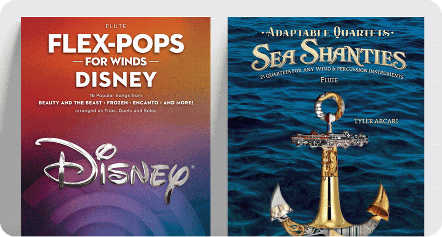 Woodwind flexible instrumentation sheet music covers Flex-Pops for Winds Disney and Adaptable Quartets Sea Shanties.