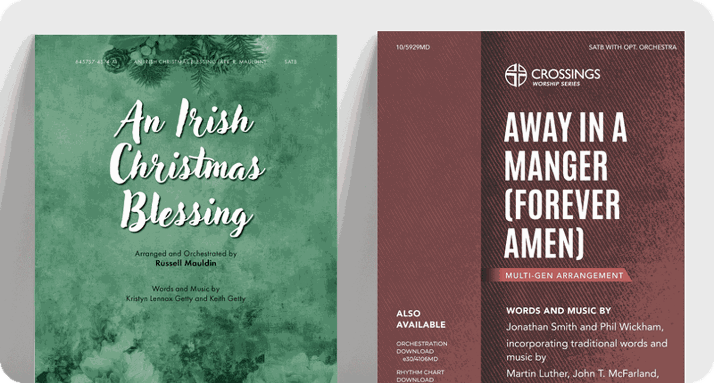 Church choir contemporary sheet music covers for An Irish Christmas Blessing and Away in a Manger (Forever Amen).