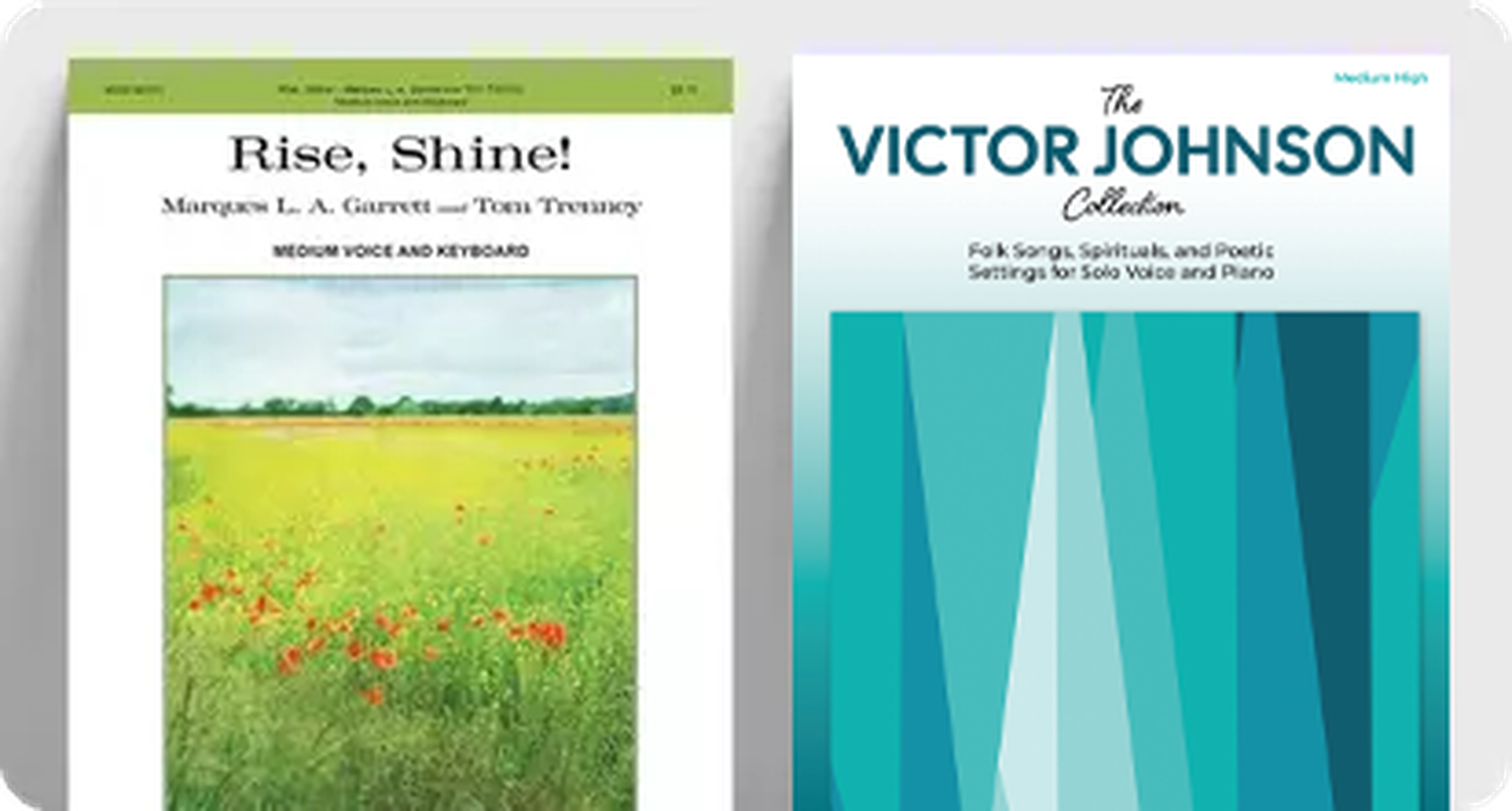 Standard vocal repertoire sheet music covers Rise, Shine! and The Victor Johnson Collection