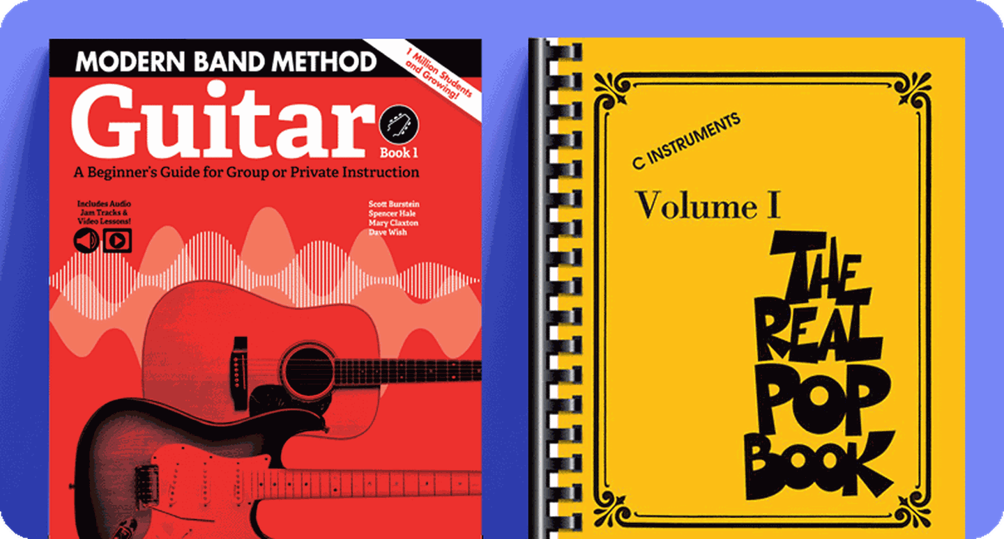 General music rock and pop resoureces Modern Band Method Guitar and The Real Pop Book.