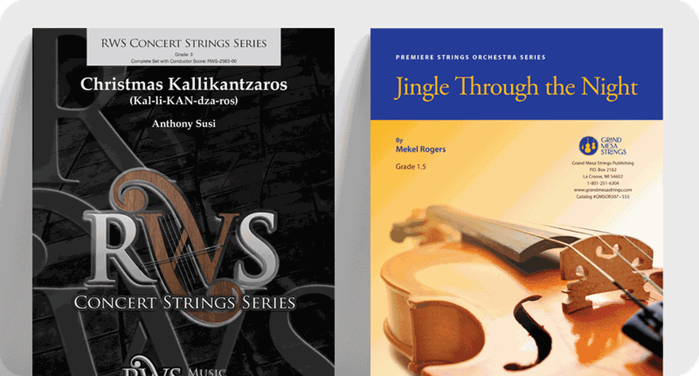New Christmas string orchestra sheet music covers Christmas Kallikantzaros and Jingle Through the Night.