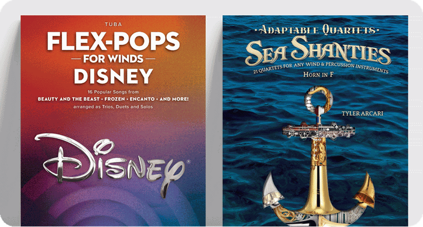 Flexible instrumentation brass sheet music covers Flex-Pops For Winds Disney and Adaptable Sea Shanties.