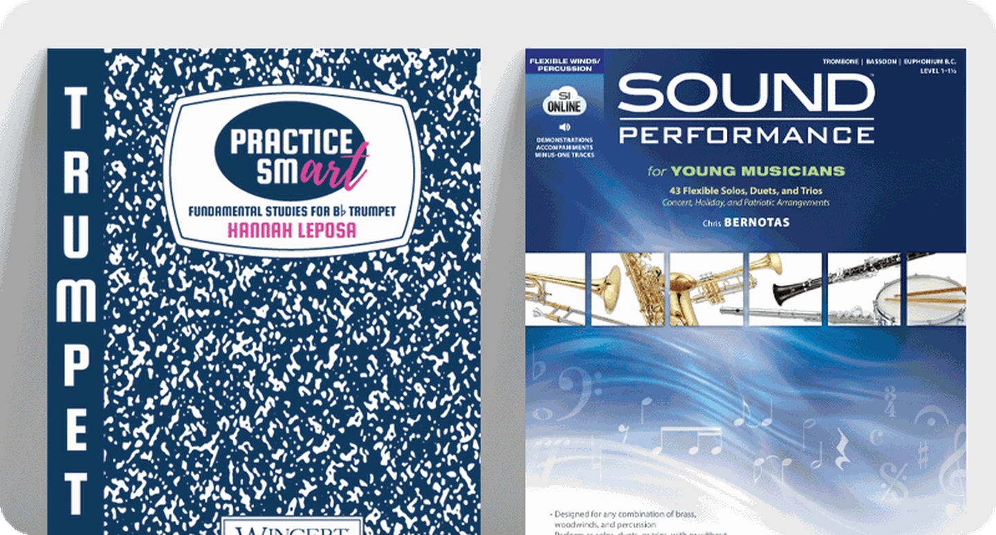 Brass method book covers for Practice Smart and Sound Performance.