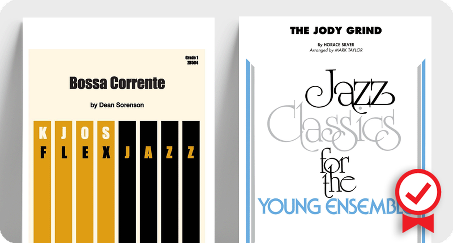 Sheet music covers for new Editors' Choice selections for jazz ensemble.