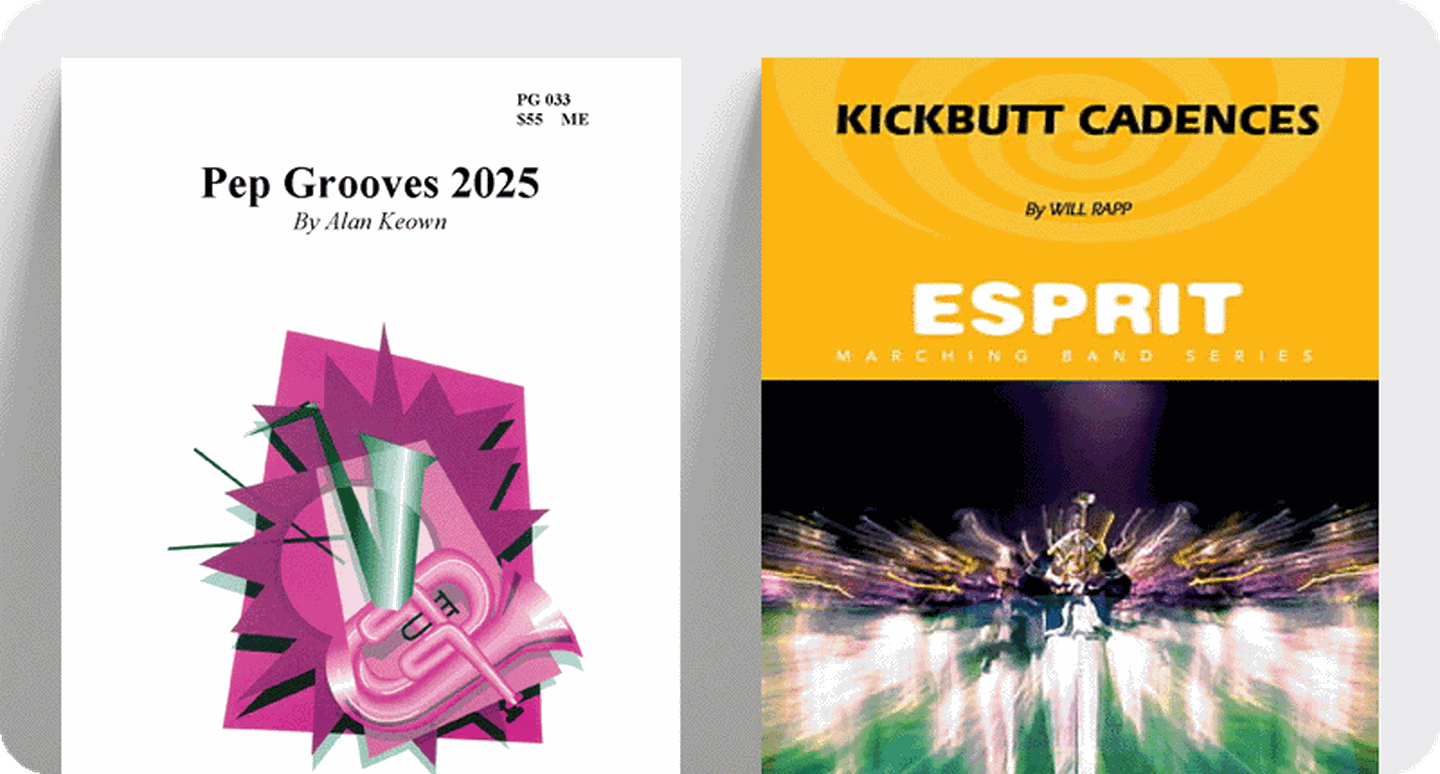 Sheet music covers for drumline cadences and grooves.