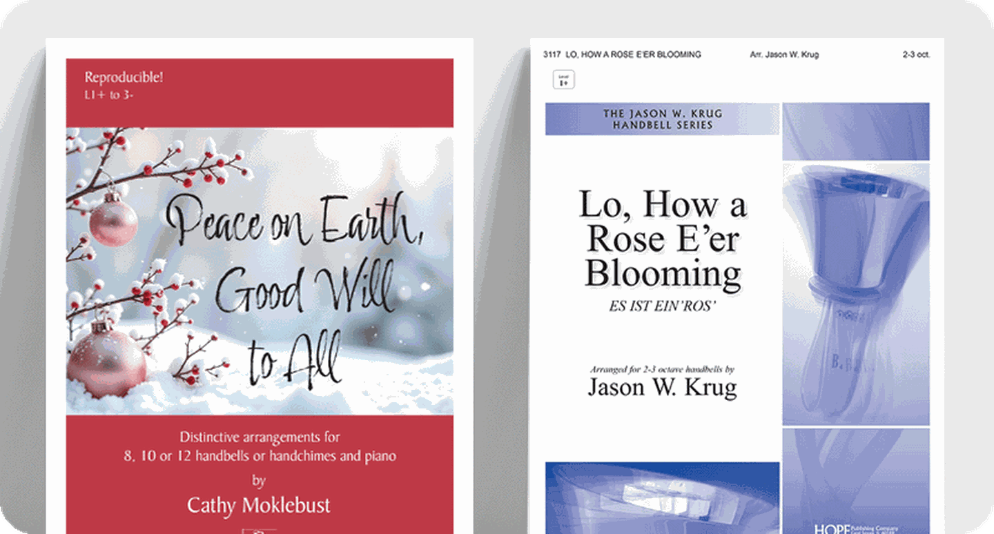 Christmas handbell sheet music covers.