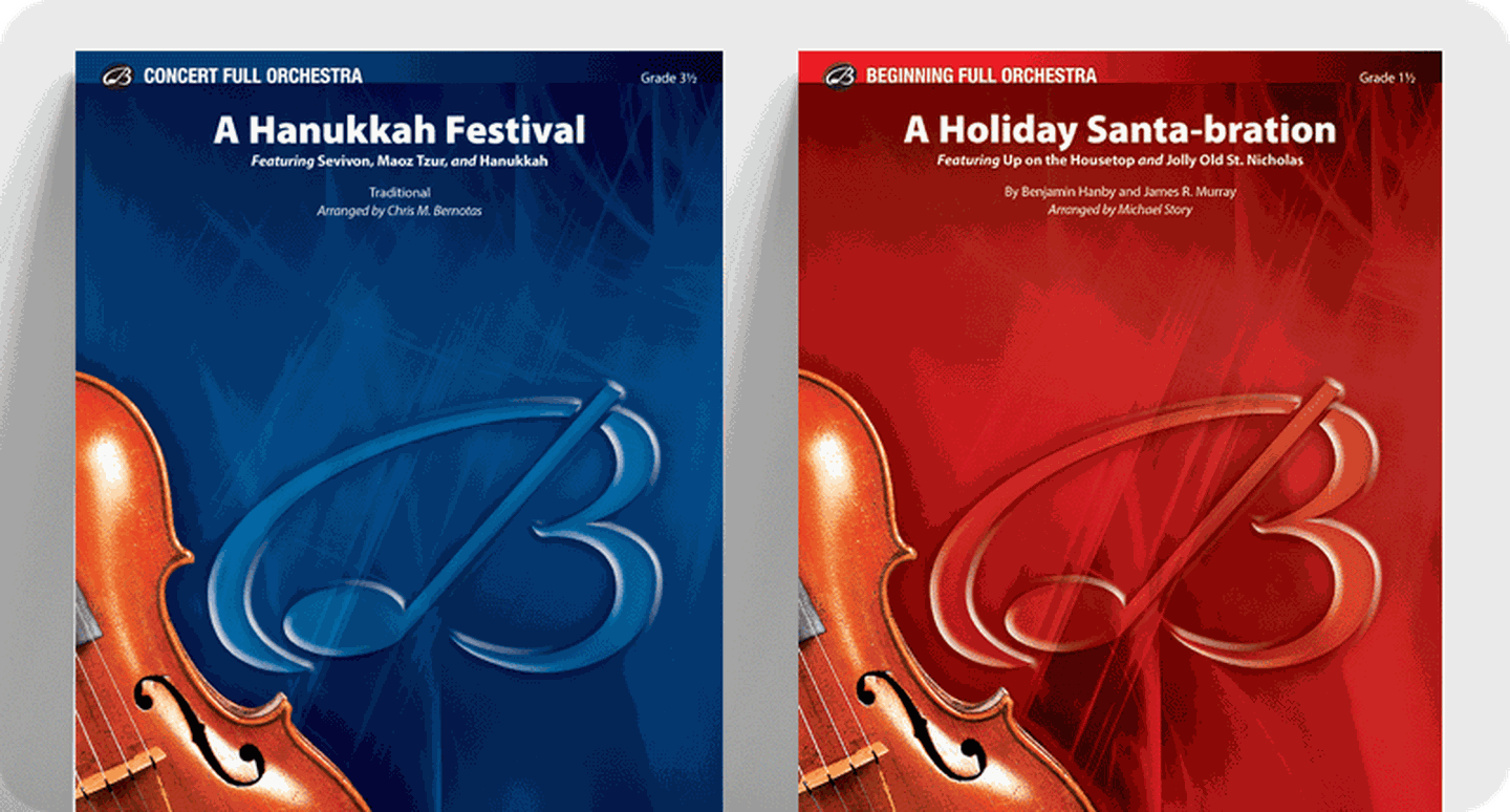 Christmas full orchestra sheet music covers A Hanukkah Festival and A Holiday Santa-bration.