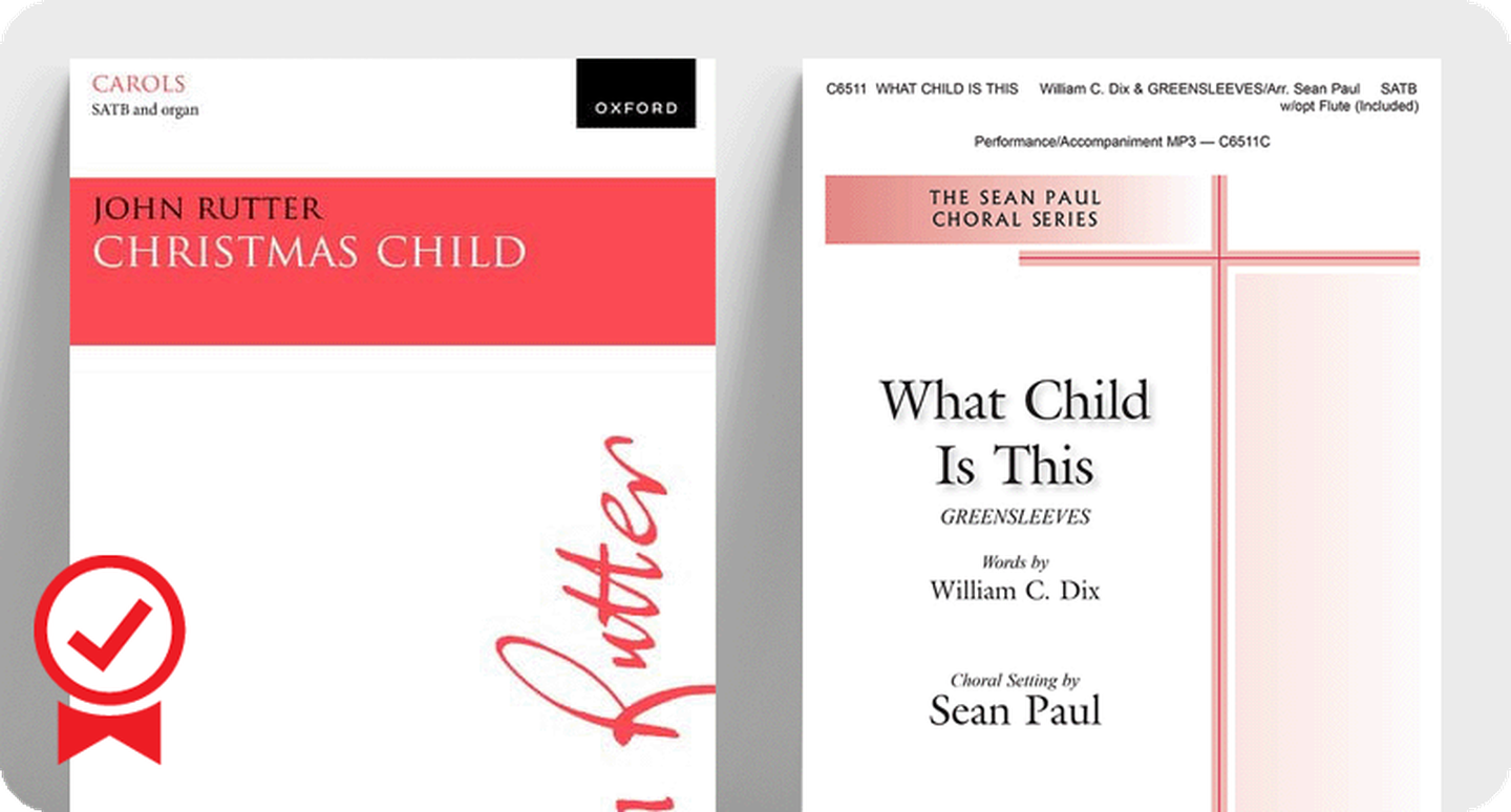 Church choir Christmas sheet music covers for Christmas Child and What Child is This.