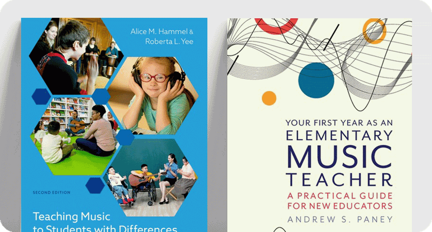 Book covers for music education resources Teaching Music to Students With Differences and Your First Year as an Elementary Music Teacher.