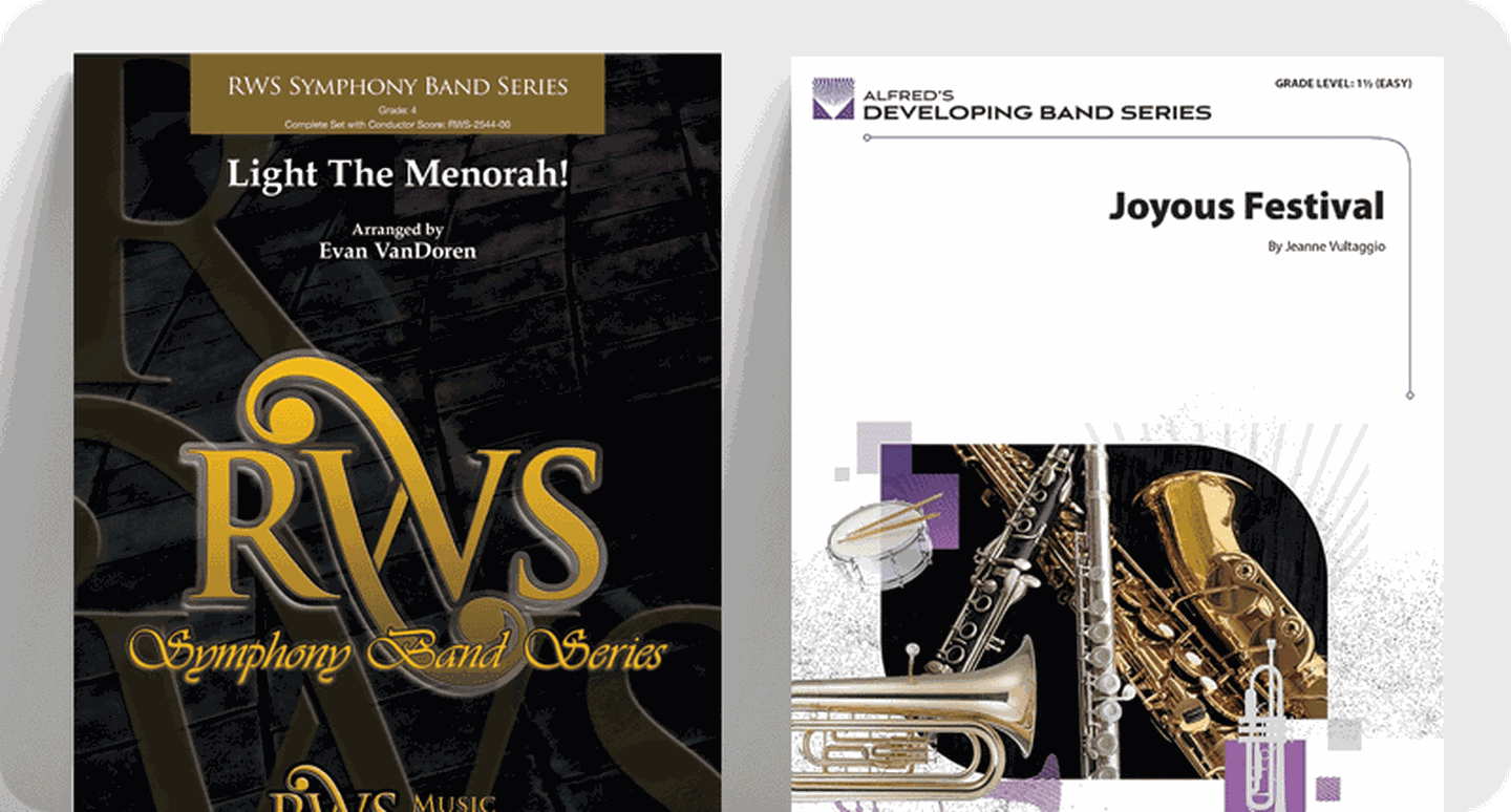 Hannukkah concert band sheet music covers List the Menorah and Joyous Festival.