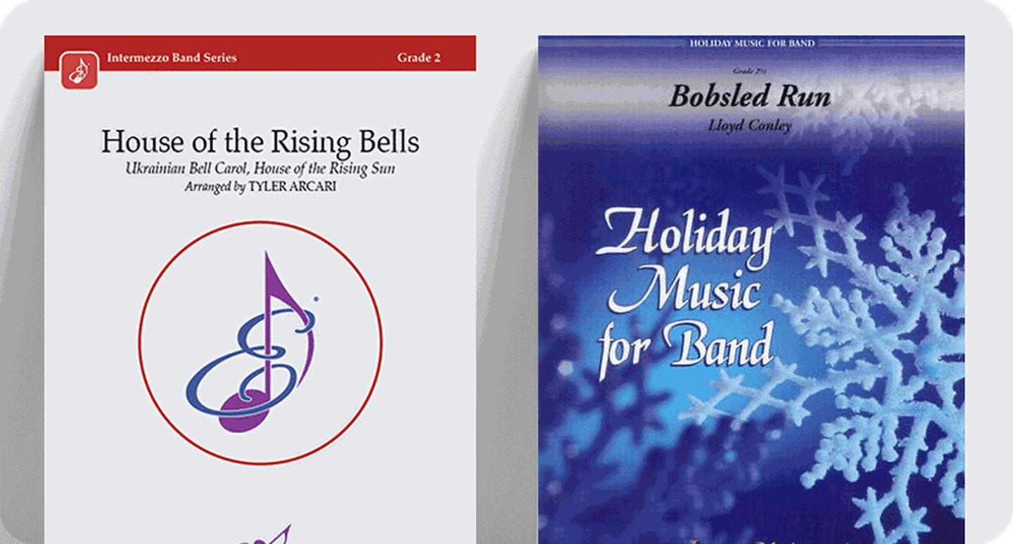 Basic Library concert band sheet music covers House of the Rising Bells and Holiday Music for Band.
