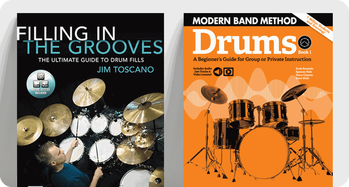 Drum set sheet music covers Filling in the Grooves and Modern Band Method Drums.
