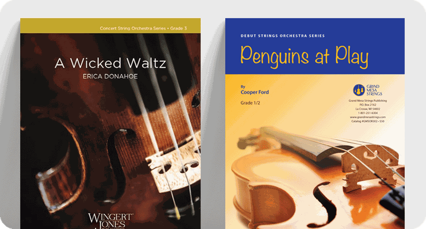 Sheet music covers for new original works for string orchestra.