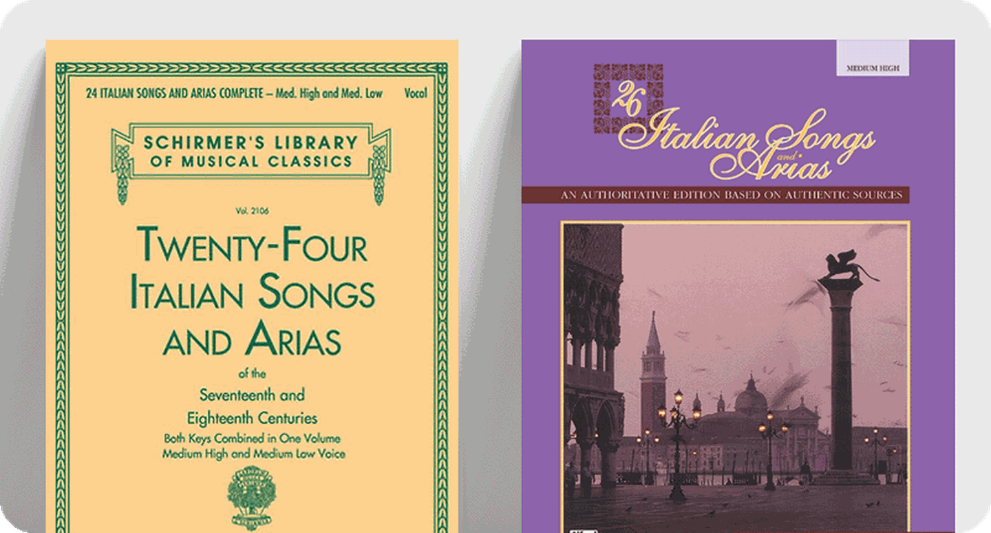 Sheet music covers for Twenty-Four Italian Songs and Arias and Italian Songs and Arias.