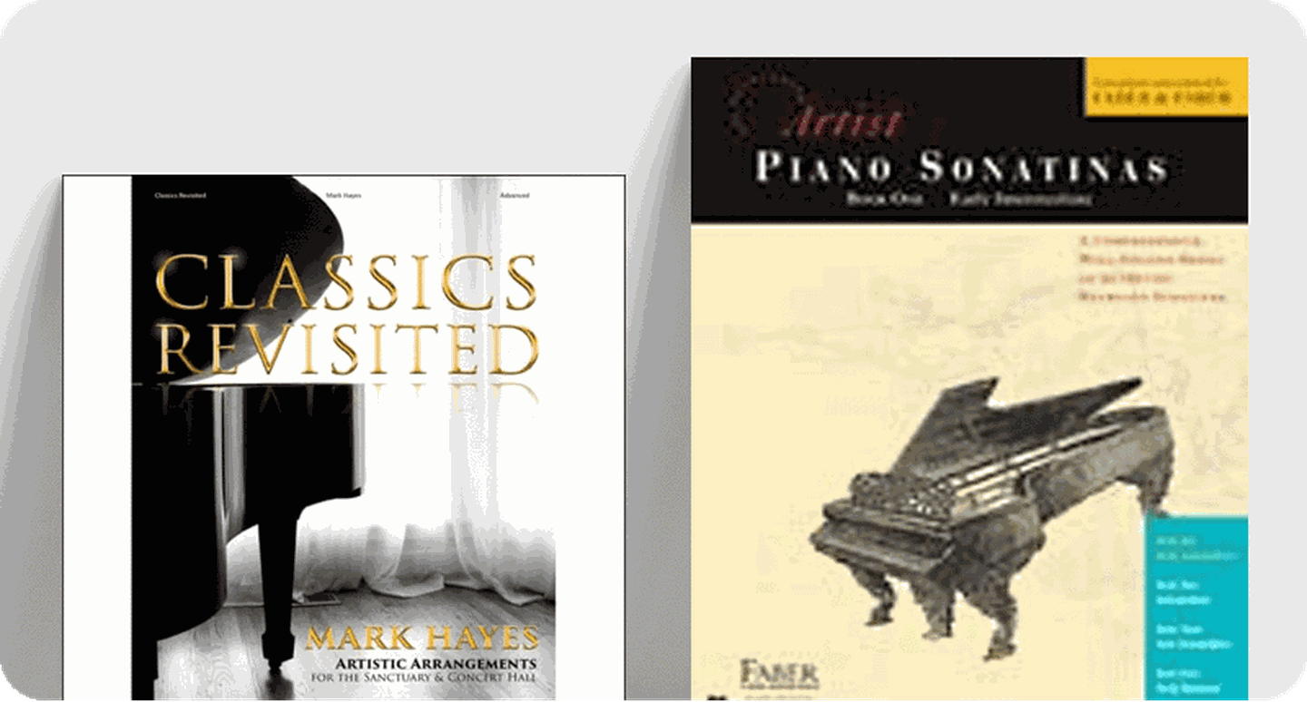 Classical piano sheet music covers Classics Revisited and Piano Sonatinas Book 1.