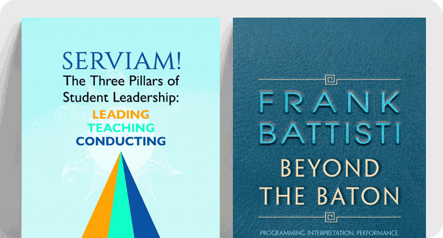 Covers for band director resources Serviam! and Beyond The Baton.