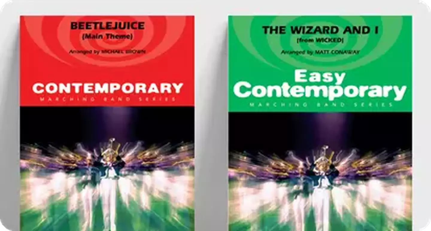 Marching band sheet music covers for Beetlejuice and The Wizard and I.
